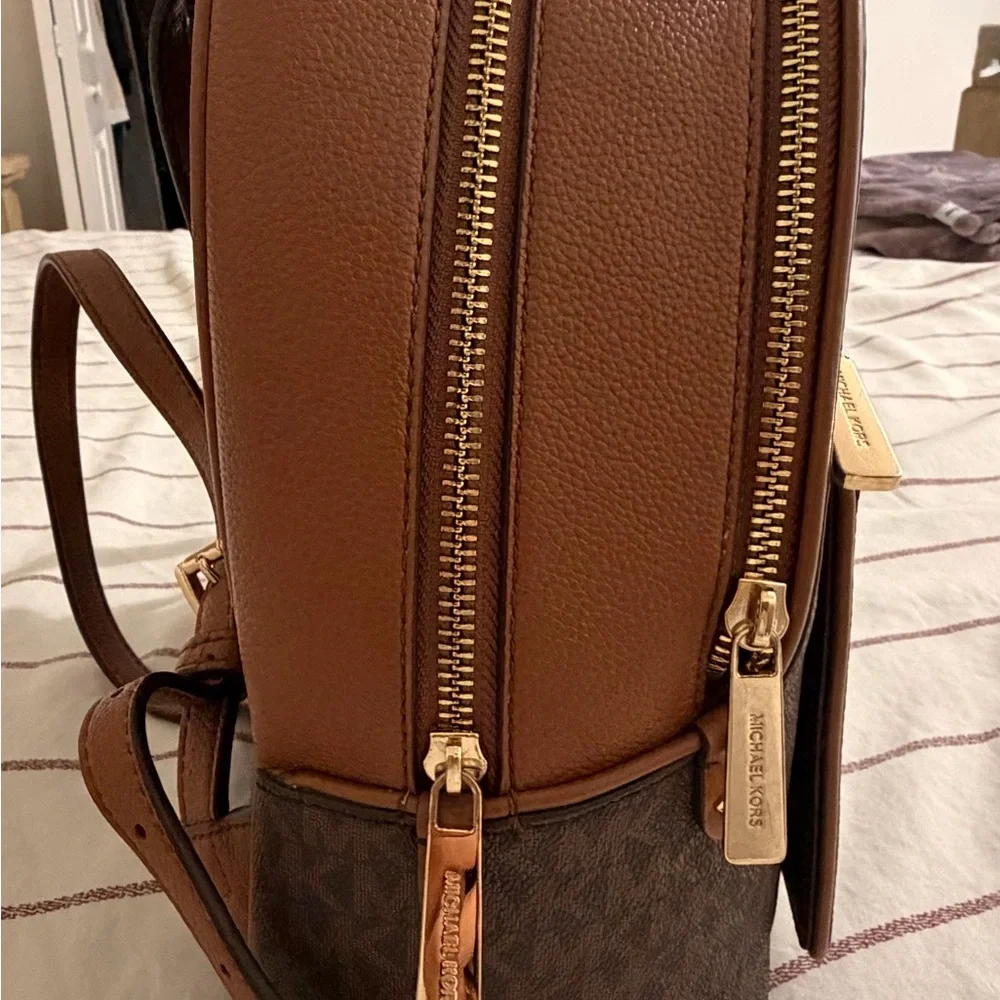 Michael Kors Brown Signature MK Dome Backpack with Gold Zips